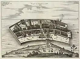 Deshima is an artificial island in the bay of Nagasaki; its fan shape is easily recognizable and the trading post consisted mainly of warehouses and dwelling houses (1669).