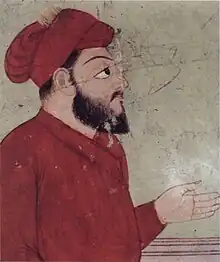 Detail of Ram Rai from a mural depicting Guru Nanak and Ram Rai listening to hymns together under a tree from the Bhai Bahlo Darwaza of the Darbar of Ram Rai in Dehradun, circa pre-1688