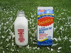 Glass milk bottle and paperboard milk carton