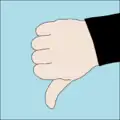 Descend, or I am going down: A fist is made with one hand, thumb extended downward, and hand is moved downward to emphasize direction of travel.