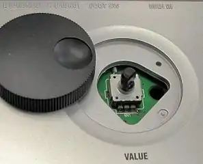 Electronic equipment controls are often implemented with a knob attached to a mechanical encoder (shown with detached knob)