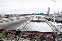 The surface and structure of the unfinished end of the Dunn Memorial Bridge.