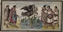 Native illustration of Diego Durán's history of ancient Mexico, showing the founding of Tenochtitlan