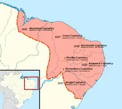 Map of Dutch Brazil from 1630-1654, overlayed on a modern-day map of Brazil.