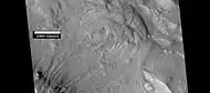 Gullies and massive flow of material, as seen by HiRISE under HiWish program. Gullies are enlarged in next image. Location is Bamberg crater
