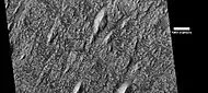 Wide-view of layers, as seen by HiRISE under HiWish program. Box shows location of next image. Dark parts of image are dark, basalt sand sitting on level places.