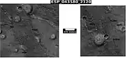 Cones along with a band of material of unknown origin.  Picture taken with HiRISE under HiWish program.  Arrows point to the edge of bands.