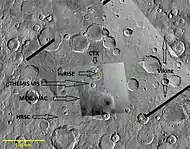 Composite demonstrating relative resolution of 7 different cameras that imaged Mars:HiRISE (Mars Reconnaissance Orbiter), THEMIS VIS (Mars Odyssey), MOC-WAC (Mars Global Surveyor), HRSC (Mars Express), CTX (Mars Reconnaissance Orbiter),  Viking, Mariner 4.  Location is Memnonia quadrangle.