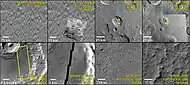 Composite demonstrating relative resolution of 7 different cameras that imaged Mars: HiRISE (Mars Reconnaissance Orbiter), THEMIS VIS (Mars Odyssey), MOC-WAC (Mars Global Surveyor), HRSC (Mars Express), CTX (Mars Reconnaissance Orbiter),  Viking, Mariner 4.  Location is Memnonia quadrangle. Blue arrow on some pictures points to same location at with different cameras. Red box with CTX image shows location of the next frame from HiRISE.