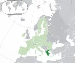 Location of&nbsp;Third Hellenic Republic&nbsp;(dark green)–&nbsp;in Europe&nbsp;(green &&nbsp;dark grey)–&nbsp;in the European Union&nbsp;(green)&nbsp; –&nbsp; [Legend]
