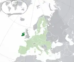 Location of&nbsp;Ireland&nbsp;(dark green)–&nbsp;in Europe&nbsp;(green &&nbsp;dark grey)–&nbsp;in the European Union&nbsp;(green)