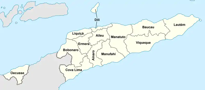 A clickable map of East Timor exhibiting its 13 administrative municipalities.