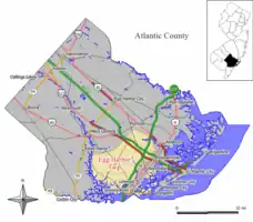 Map of Egg Harbor Township in Atlantic County, New Jersey. Inset: Location of Atlantic County highlighted in New Jersey.