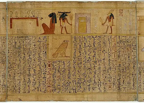 An hare-headed underworld deity armed with enormous knifes, from the Papyrus of Bakay.