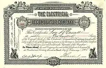 Stock certificate of the Electrical Accumulator Company from the company's founding year issued in New York on February 19, 1886, originally signed by Theodore N. Vail as president