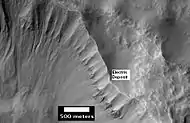 Layers in light-toned Electris deposit, as seen by HiRISE.  Gullies are visible on the left.