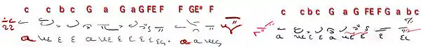 Hence, you descend four steps from echos tritos 4 steps [c—c—b—c—G—a—G—a—G—F—E—FF] and you will find its plagios which is called 'grave' (βαρύς), this way [F—G—E#—FF].