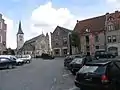 Village square with historical buildings