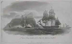 Espoir and Liguria, with Gibraltar in the background. Aquatint by Nicholas Pocock, 1801
