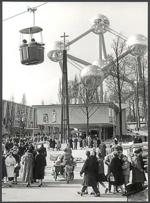 The Atomium and cable car during the 1958 Brussels World's Fair (Expo 58)