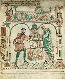 Dirk II, Count of Holland and his wife Hildegard of Flanders presenting the Egmond Gospels to Egmond Abbey, c. 975