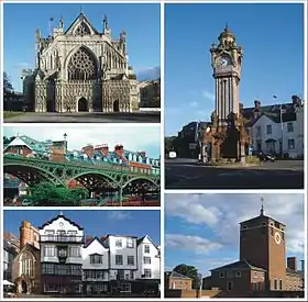 Clockwise: Exeter Cathedral, Exeter Clock Tower, Devon County Hall, Cathedral Close, The Iron Bridge