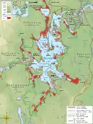 Map of the park with the flooded areas in red.
