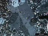 Figure 1. Photomicrograph of perthitic texture in alkali-feldspar (center) from the Strathbogie Granite, Australia. (Cross polarized light). Sample CV-114.