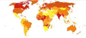 Deaths due to falls per million persons in 2012 .mw-parser-output .refbegin{font-size:90%;margin-bottom:0.5em}.mw-parser-output .refbegin-hanging-indents>ul{margin-left:0}.mw-parser-output .refbegin-hanging-indents>ul>li{margin-left:0;padding-left:3.2em;text-indent:-3.2em}.mw-parser-output .refbegin-hanging-indents ul,.mw-parser-output .refbegin-hanging-indents ul li{list-style:none}@media(max-width:720px){.mw-parser-output .refbegin-hanging-indents>ul>li{padding-left:1.6em;text-indent:-1.6em}}.mw-parser-output .refbegin-columns{margin-top:0.3em}.mw-parser-output .refbegin-columns ul{margin-top:0}.mw-parser-output .refbegin-columns li{page-break-inside:avoid;break-inside:avoid-column}.mw-parser-output .legend{page-break-inside:avoid;break-inside:avoid-column}.mw-parser-output .legend-color{display:inline-block;min-width:1.25em;height:1.25em;line-height:1.25;margin:1px 0;text-align:center;border:1px solid black;background-color:transparent;color:black}.mw-parser-output .legend-text{}&nbsp;&nbsp;0–15.mw-parser-output .legend{page-break-inside:avoid;break-inside:avoid-column}.mw-parser-output .legend-color{display:inline-block;min-width:1.25em;height:1.25em;line-height:1.25;margin:1px 0;text-align:center;border:1px solid black;background-color:transparent;color:black}.mw-parser-output .legend-text{}&nbsp;&nbsp;16–21.mw-parser-output .legend{page-break-inside:avoid;break-inside:avoid-column}.mw-parser-output .legend-color{display:inline-block;min-width:1.25em;height:1.25em;line-height:1.25;margin:1px 0;text-align:center;border:1px solid black;background-color:transparent;color:black}.mw-parser-output .legend-text{}&nbsp;&nbsp;22–33.mw-parser-output .legend{page-break-inside:avoid;break-inside:avoid-column}.mw-parser-output .legend-color{display:inline-block;min-width:1.25em;height:1.25em;line-height:1.25;margin:1px 0;text-align:center;border:1px solid black;background-color:transparent;color:black}.mw-parser-output .legend-text{}&nbsp;&nbsp;34–44.mw-parser-output .legend{page-break-inside:avoid;break-inside:avoid-column}.mw-parser-output .legend-color{display:inline-block;min-width:1.25em;height:1.25em;line-height:1.25;margin:1px 0;text-align:center;border:1px solid black;background-color:transparent;color:black}.mw-parser-output .legend-text{}&nbsp;&nbsp;45–55.mw-parser-output .legend{page-break-inside:avoid;break-inside:avoid-column}.mw-parser-output .legend-color{display:inline-block;min-width:1.25em;height:1.25em;line-height:1.25;margin:1px 0;text-align:center;border:1px solid black;background-color:transparent;color:black}.mw-parser-output .legend-text{}&nbsp;&nbsp;56–69.mw-parser-output .legend{page-break-inside:avoid;break-inside:avoid-column}.mw-parser-output .legend-color{display:inline-block;min-width:1.25em;height:1.25em;line-height:1.25;margin:1px 0;text-align:center;border:1px solid black;background-color:transparent;color:black}.mw-parser-output .legend-text{}&nbsp;&nbsp;70–88.mw-parser-output .legend{page-break-inside:avoid;break-inside:avoid-column}.mw-parser-output .legend-color{display:inline-block;min-width:1.25em;height:1.25em;line-height:1.25;margin:1px 0;text-align:center;border:1px solid black;background-color:transparent;color:black}.mw-parser-output .legend-text{}&nbsp;&nbsp;89–106.mw-parser-output .legend{page-break-inside:avoid;break-inside:avoid-column}.mw-parser-output .legend-color{display:inline-block;min-width:1.25em;height:1.25em;line-height:1.25;margin:1px 0;text-align:center;border:1px solid black;background-color:transparent;color:black}.mw-parser-output .legend-text{}&nbsp;&nbsp;107–129.mw-parser-output .legend{page-break-inside:avoid;break-inside:avoid-column}.mw-parser-output .legend-color{display:inline-block;min-width:1.25em;height:1.25em;line-height:1.25;margin:1px 0;text-align:center;border:1px solid black;background-color:transparent;color:black}.mw-parser-output .legend-text{}&nbsp;&nbsp;130–314