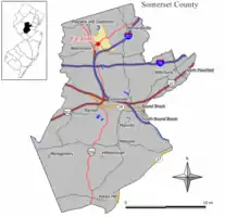 Map of Far Hills in Somerset County. Inset: Location of Somerset County highlighted in the State of New Jersey.