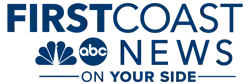 The words "FIRST" and "COAST", directly touching, with "FIRST" bolded, in blue. Beneath, the NBC and ABC logos and the word "NEWS" in blue. Beneath these are the words "ON YOUR SIDE".
