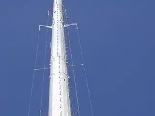 Folded unipole with skirt wires connected at a midpoint on the tower