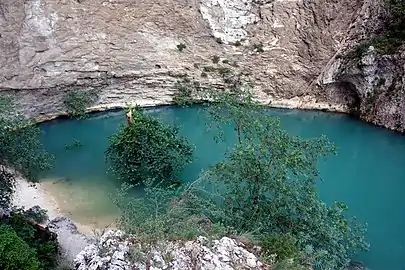 Fontaine-de-Vaucluse, karst spring of the Sorgues, characterised by an upward movement of water from the depth of over 315 metres (1,033&nbsp;ft)