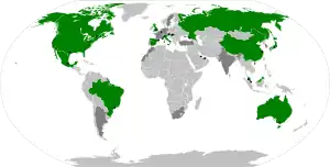 A map showing the countries that hosted a Formula One race during the 2015 season. Countries which had previously hosted a race are shown as well.