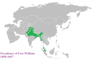 Map showing the Bengal Presidency's jurisdiction in the 1860s