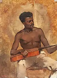 The Guitarist/Music in New Orleans. Oil on canvas 16" × .mw-parser-output .frac{white-space:nowrap}.mw-parser-output .frac .num,.mw-parser-output .frac .den{font-size:80%;line-height:0;vertical-align:super}.mw-parser-output .frac .den{vertical-align:sub}.mw-parser-output .sr-only{border:0;clip:rect(0,0,0,0);clip-path:polygon(0px 0px,0px 0px,0px 0px);height:1px;margin:-1px;overflow:hidden;padding:0;position:absolute;width:1px}11+5⁄8". Private collection, Stawell, Australia