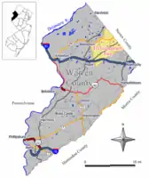 Map of Frelinghuysen Township in Warren County. Inset: Location of Warren County highlighted in the State of New Jersey.
