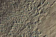 Surface of debris apron in Terra Cimmeria, as seen by HiRISE, under the HiWish program.  Colored parts may be frost deposits.