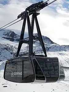 Testa Grigia aerial tramway in Cervinia, Italy, moves skiers to 3480&nbsp;m glacier.