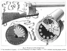 Image 21Louis Poyet&nbsp;[fr]'s engraving of the mechanism of the "fusil photographique" as published in La Nature (april 1882) (from History of film technology)