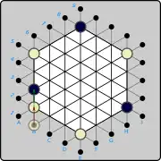 (1b) ... and pushes the piece up to B2 from the dot .mw-parser-output .legend{page-break-inside:avoid;break-inside:avoid-column}.mw-parser-output .legend-color{display:inline-block;min-width:1.25em;height:1.25em;line-height:1.25;margin:1px 0;text-align:center;border:1px solid black;background-color:transparent;color:black}.mw-parser-output .legend-text{}&nbsp;(W)B1→B2&nbsp;, displacing the Black piece at B2 to B3 as shown