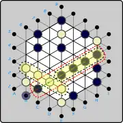 (ex.2) Same move .mw-parser-output .legend{page-break-inside:avoid;break-inside:avoid-column}.mw-parser-output .legend-color{display:inline-block;min-width:1.25em;height:1.25em;line-height:1.25;margin:1px 0;text-align:center;border:1px solid black;background-color:transparent;color:black}.mw-parser-output .legend-text{}&nbsp;(B)B1→C2&nbsp; and resulting four-in-a-row at E4-F5-G6-H7 removes the line from C2 to H7. In this case, a second White four-in-a-row is formed B3-C3-D3-E3. However, since it was Black's turn, Black chooses to take the line from C2 to H7 off the board (four Black to reserve, one White captured), eliminating the White line by removing the piece at D3, and White does not capture the Black piece at F3.