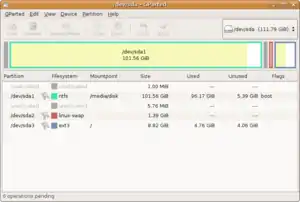 GNOME's partition editor uses IEC prefixes to display partition sizes. The total capacity of the 120×109-byte disk is displayed as "111.79&nbsp;GiB"