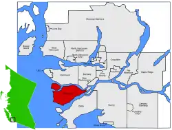 Location of Richmond within the Greater Vancouver Area in British Columbia