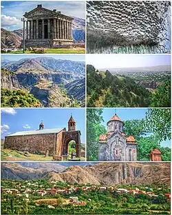 Landmarks of Garni, from top left:Garni Temple&nbsp;• Symphony of StonesGarni Gorge&nbsp;• Khosrov Forest Reserve Surb Astvatsatsin Church
&nbsp;• Mashtots Hayrapet General view of Garni