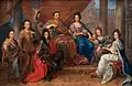 Portrait of the Sobieski family by Henri Gascar. John III and Marie Casimire are in the middle; Konstanty, Aleksander and Jakub are on the left; Teresa Kunegunda and Hedwig of Neuburg holding her daughter Maria Leopoldyna (1693–1695) are on the right.