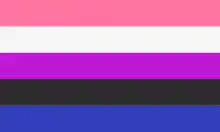 Genderfluid pride flag, made up of horizontal stripes of, from top to bottom, pink, white, purple, black, and blue.