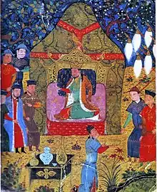 Genghis Khan proclaimed Khagan of all Mongols. White banners can be seen on the right. 15th-century ms. of Rashid al-Din's   "History of the World" (BNF Supplément persan 1113, fol. 44v)