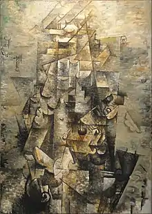 Georges Braque, 1911–12, Man with a Guitar (Figure, L’homme à la guitare), oil on canvas, 116.2 x 80.9&nbsp;cm, Museum of Modern Art