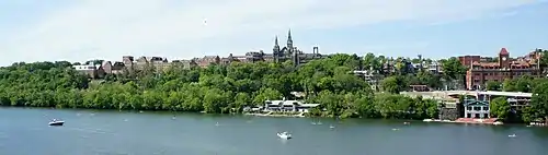 Wide-angle view of the campus running along the Potomac River